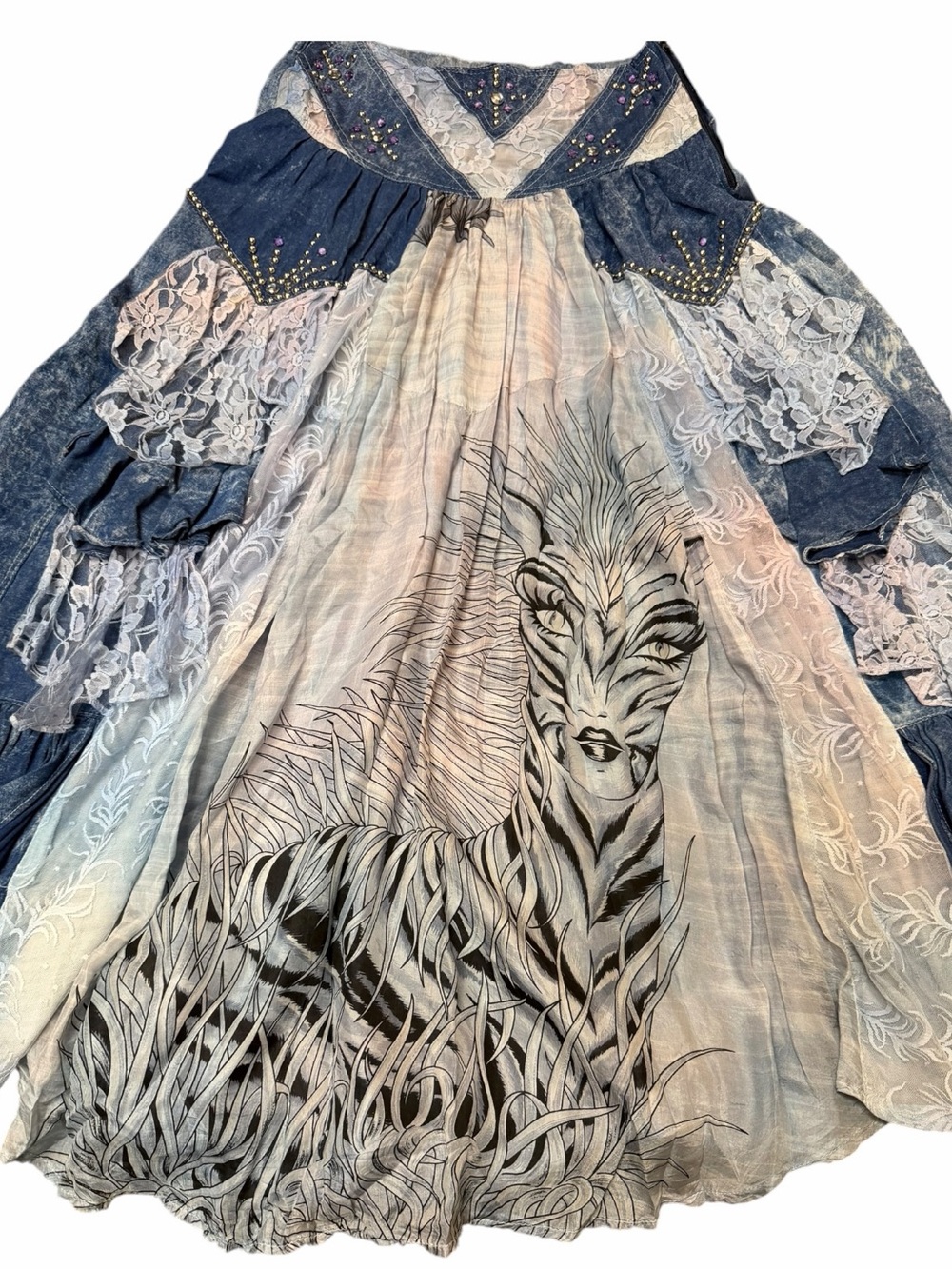 Handmade Wearable Art Zebra Woman Denim Lace Patchwork Maxi Skirt Boho M Gypsy - Picture 6 of 14